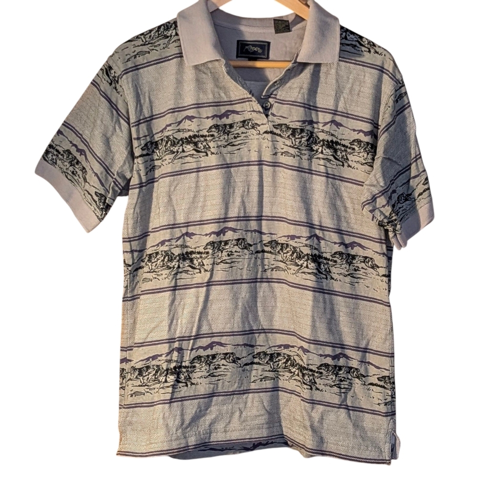 Roper Gray and Black Patterned Polo Shirt Men's L Wolf Western Cowboy Casual